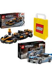 3w1 Lego Speed Champions Nissan Skyline GT-R R34 z filmu Za szybcy za wściekli 76917 + Lego Speed Champions Samochód wyścigowy McLaren Formula 1 wersja 2023 76919 + LEGO Torba papierowa średnia 6315792