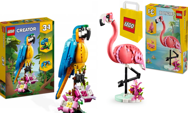 3W1 Lego Creator 3w1 Egzotyczna Papuga 31136+LEGO(R) CREATOR 31170 Dzikie zwierzęta: róż flaming+ LEGO Torba papierowa średnia 6315792